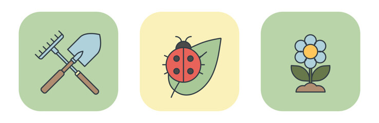 Flat garden icon set with crossed tools, ladybug on leaf, and blooming flower. Vector illustration for spring design © Назарій