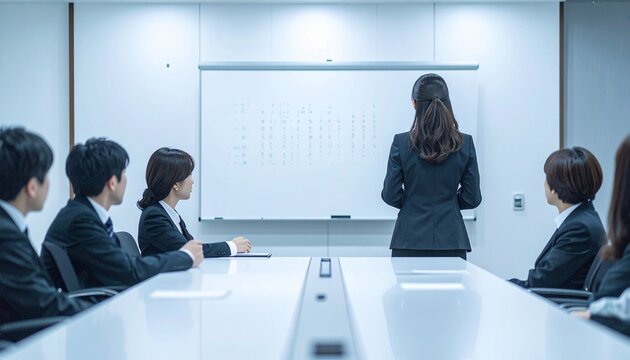 日本人女性がホワイトボードの前に立ち黒いスーツ姿でチームにプレゼンテーションをしている後ろ姿