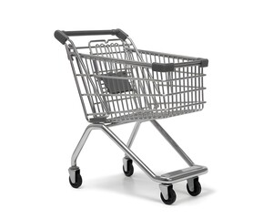 Empty metal shopping cart with grey plastic handle and wheels, isolated on a clean white background, perfect for retail, e-commerce, and consumerism concepts, showcasing a modern