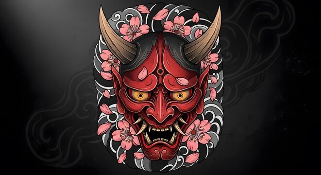 Traditional Japanese Red Hannya Demon Mask Illustration with Sakura Cherry Blossoms and Zen Clouds for Tattoo Design