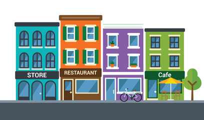 Fototapeta premium Colorful small town street with store, restaurant and cafe buildings in flat vector style, urban neighborhood shops illustration isolated for city business concept