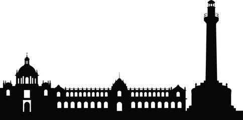 Naklejka premium Historic architecture skyline silhouette with lighthouse tower and classical palace building isolated on white background, travel landmark cityscape vector illustration for tourism design