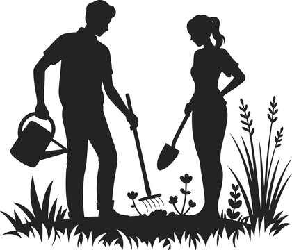 Gardening couple silhouette with watering can, rake and shovel working in garden soil, teamwork in backyard farming and plant care illustration concept