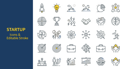 Business startup and project launch line icon set with yellow accents for innovation, strategy, and corporate growth © VactorZone