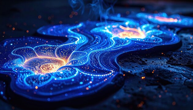 Abstract glowing blue and orange patterns with intricate light details