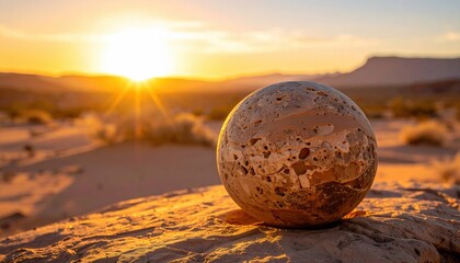 Obraz premium Rough Hewn Sandstone Sphere Bathed in Golden Desert Sunset Light