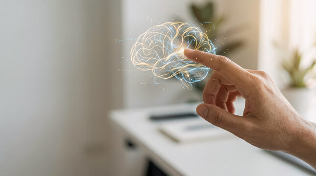 Finger touches glowing brain interface conveying futuristic technology in bright setting