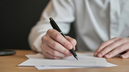 Person writing with black pen on white paper hand writing