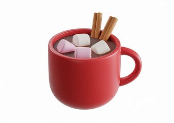 Red ceramic mug with hot chocolate marshmallows and cinnamon sticks