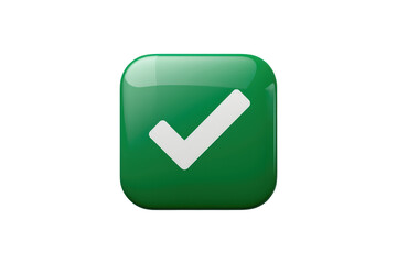 Green 3d checkmark button icon representing approval, success, completion, validation, and accepting choices on transparent background
