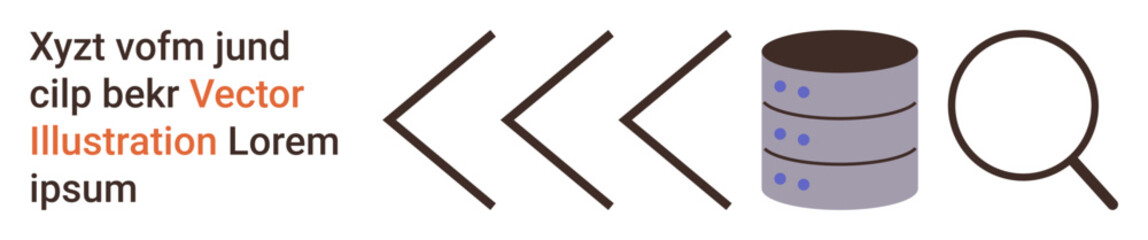 Data management, information retrieval, database organization, search tools, analytics, research. Arrow symbols leading to a database and magnifying glass. Data search and information retrieval © robu_s