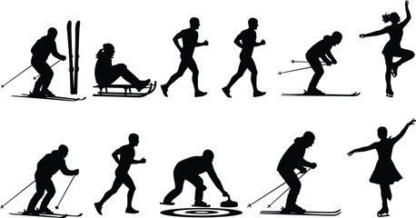 Black silhouette collection of people enjoying winter sports including skiing, ice skating, sledding, and curling for seasonal outdoor recreation and athletic fitness design.