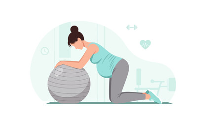 This Flat Design illustration shows a pregnant woman engaging in safe, low-impact exercise in a gym, promoting prenatal fitness, well-being, and healthy active lifestyles during pregnancy.