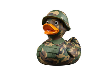 Obraz premium Rubber duck toy dressed in camouflage military uniform and helmet, symbolizing defense, conflict, or preparedness