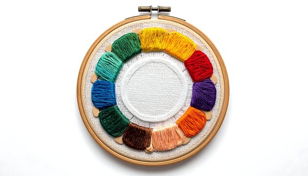 A circular wooden embroidery hoop displays a vibrant color wheel crafted with embroidery floss. The center features a blank white circular cloth