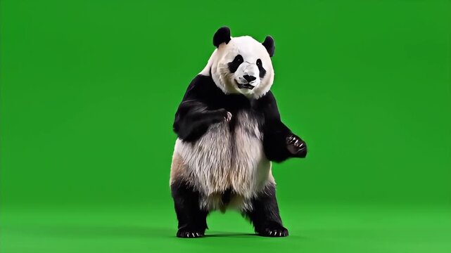 Giant Panda Standing on Hind Legs on Green Screen, Playful Bear Waving and Dancing, Isolated Animal Footage for VFX and Compositing.