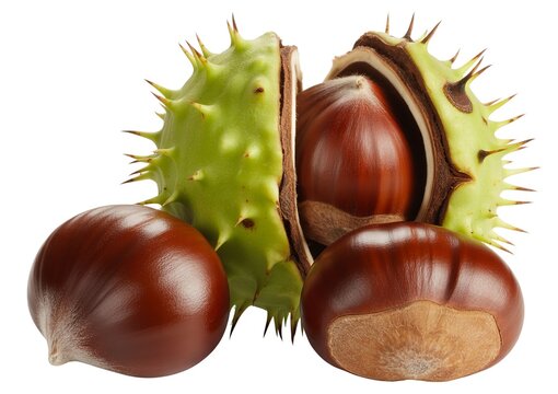 Four horse chestnuts with spiky green shell on white background