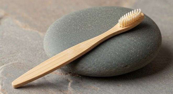 Eco-friendly bamboo toothbrush resting on a smooth grey stone close-up shot.