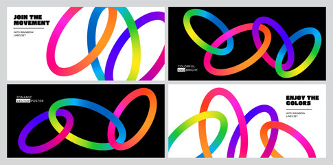 Naklejka premium Color Circle Line Backgrounds. Abstract Chain Shape Gradient Lines Pattern. Vector Posters with 3D Wave Rainbow Ribbons.