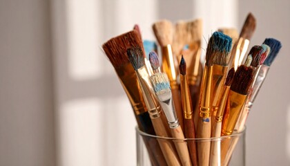 Fototapeta premium Assorted Paintbrushes in Glass Container with Colorful Paint