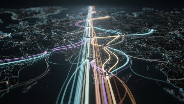 Medium shot of a glowing network map with a selfhealing fiber system highlighting automated rerouting paths around detected faults main route in crisp focus background blurred.