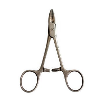 A pair of metal surgical forceps with ring handles isolated on transparent background