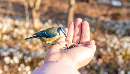 Blue Tit Bird Eating Seeds from Human Hand in Sunlight © Piccoccu
