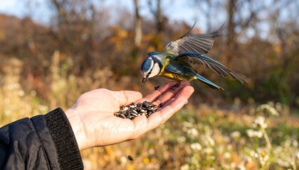 Blue Tit Feeding from Hand in Autumn Woods © Piccoccu