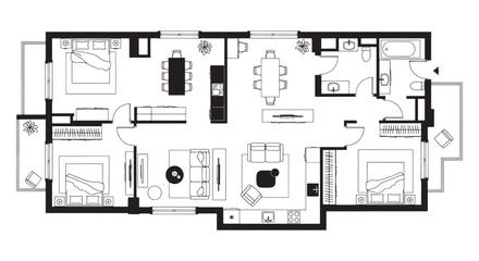 Top View Apartment Floor Plan Blueprint Showing Modern Open Living Layout and  Bedrooms