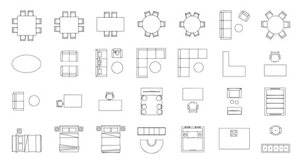 Fototapeta premium Top View Furniture Icons and Floor Plan Symbols for Architecture, Interior Design, and Space Planning