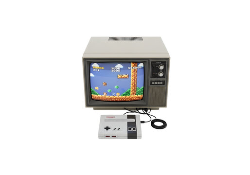 Retro gaming console and television gray png on transparent background