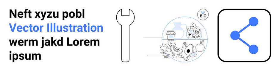 Technology, sustainability, social media, tools, food industry, connectivity. A wrench, organic food circle and social sharing icon on white background. Technology and sustainability concepts