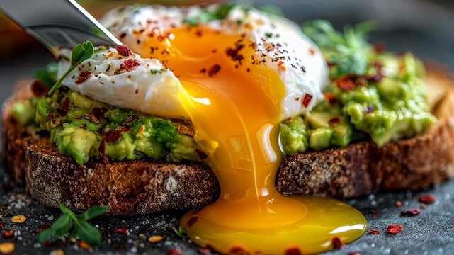 Close up of knife cutting into poached egg on avocado toast with delicious runny yolk dripping down
