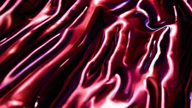 Glossy magenta and crimson folds ripple like liquid silk across a dark field; bright highlights trace sinuous valleys and ridges, creating a vivid, abstract surface that shimmers with motion.