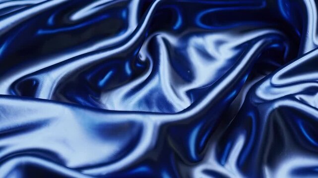 A close-up of deep blue satin shows glossy waves and soft creases, its fluid surface catching light in smooth highlights and inky shadows, creating a rich, luxurious texture and elegant drape.