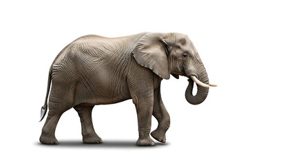 Obraz premium Majestic african elephant walking gracefully across a clean white background showcasing its weathered grey skin texture and impressive tusks isolated studio shot with soft