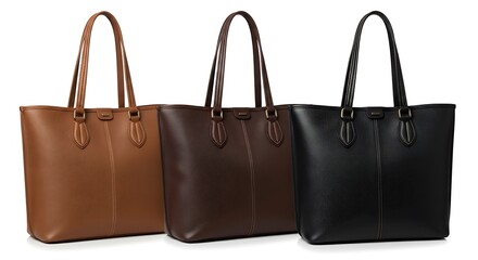 Naklejka premium Three elegant spacious leather tote bags in classic brown rich dark brown and sleek black hues showcased against a clean white background perfect for fashion travel and everyday