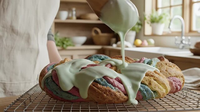 A baker pours a thick, pale green glaze from a wooden spoon over a freshly baked, braided loaf of rainbow bread, resting on a wire cooling rack.