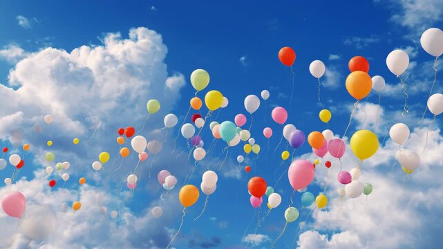 夏の入道雲と青空に舞う色とりどりの風船たち