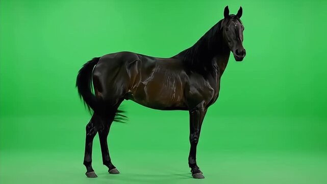 Majestic Dark Bay Horse Standing Still on a Vibrant Green Screen Background.