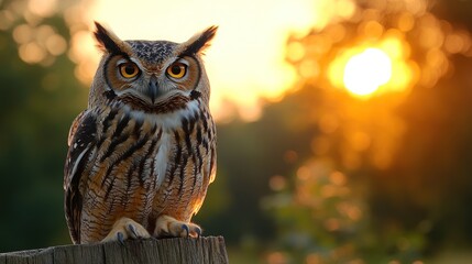 Majestic Great Horned Owl Perched at Sunset.