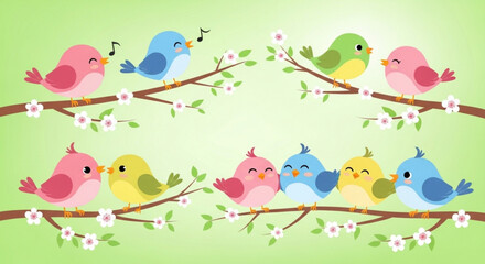 Naklejka premium Colorful birds singing on blooming tree branches with flowers green background cheerful scene