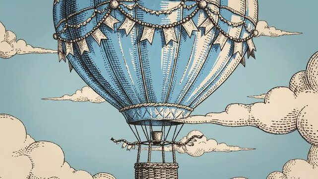 Vintage Hot Air Balloon Ascending Through Clouds