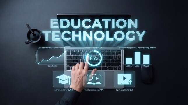A person is using a laptop with graphs and data related to education technology on the screen. The focus is on student performance, course completion rates, and engagement metrics