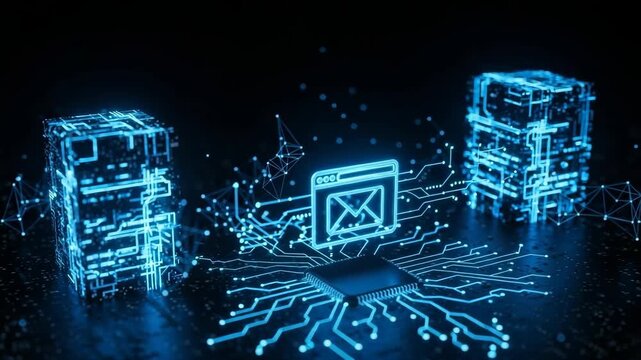 Futuristic Digital Email System With Abstract Glowing Blocks On Circuit Board Central Processor Email Icon In The Center Depicting Data Transmission Internet Concepts For Tech-relate