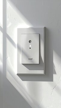 Close-up of a modern, sleek, white light switch installed on a textured, white wall, with shadows from a window casting light