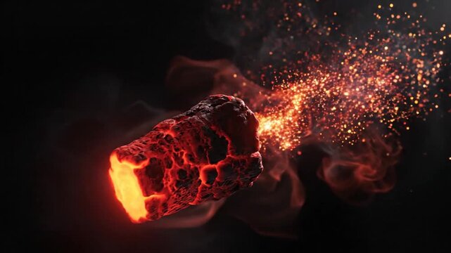 Fiery Meteorite Falling Through Dark Sky with Smoke and Sparks