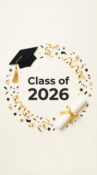 Flat lay of graduation cap and diploma with gold confetti. Vertical photo of Class of 2026 celebration background with copy space