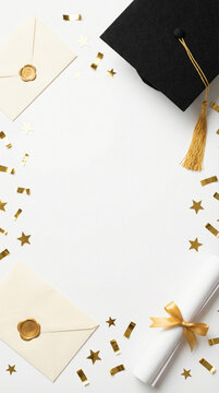 Vertical photo of graduation flat lay with black cap and diploma. Envelope with wax seal and gold confetti on white background. Copy space for text