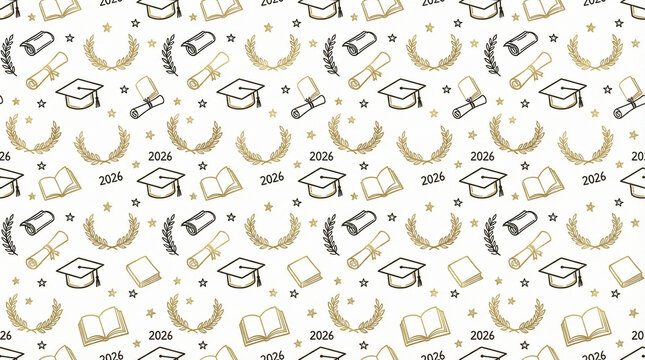 Class of 2026 graduation pattern. Line art of mortarboard caps, diplomas, books and laurel wreaths on white background